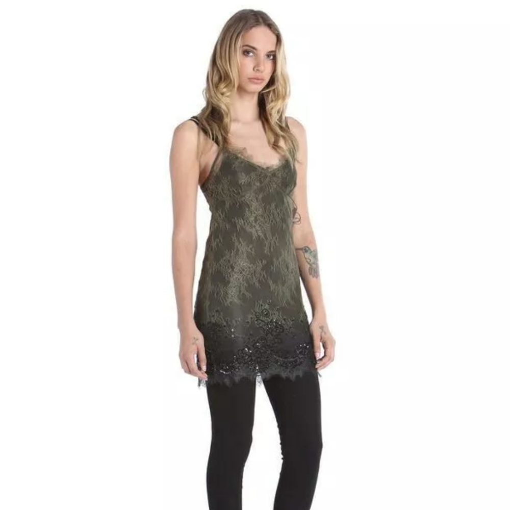 Diesel Lavinia Tank Top XS Olive Green Beaded Long Festival Boho
